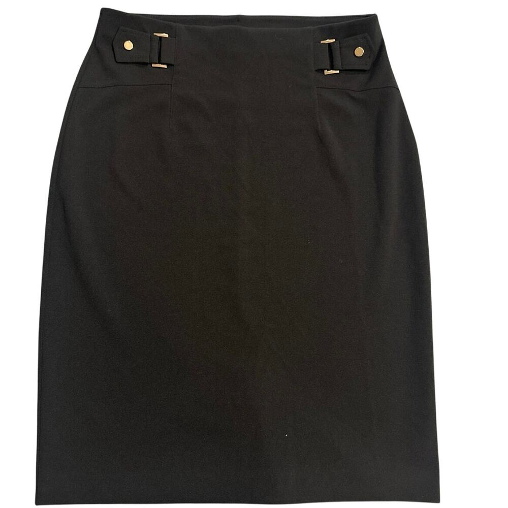 NYCC Black Dressy/Business Pencil Skirt waist buckle accents w/back slit. medium
